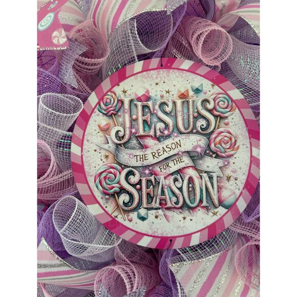 Jesus is the Reason for the Season Christmas Wreath, Handmade Candy-Themed Decor - Picture 2 of 7